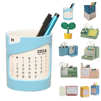 Многофункционален държач за писалка Творчески 2-в-1 пластмасов контейнер за писалка 2024 Календар на бюрото Домашен офис училище