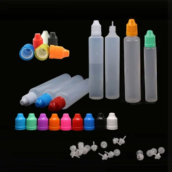 10Pcs 30ml 60ml пластмасови капкомер бутилки PE писалка форма бутилка дълги съвети Защитена от деца капачка Изстискване Vape контейнери Цветни капачки