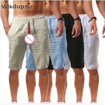 Мъжки секси невидими двойни ципове отворени панталони без дъно памучни ленени шорти мъжки летни панталони фитнес улично облекло дрехи