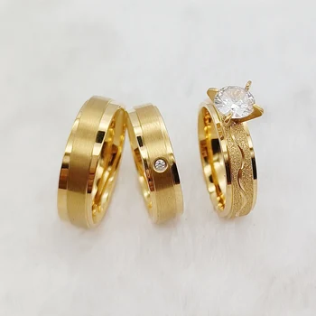 Неговата и нейната 3бр булчински сватбени годежни пръстени Алианс за мъже и жени Златни цветни бижута CZ каменен пръстен