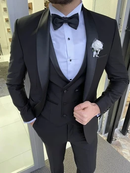 Мъжки сватбени костюми Slim Fit Шал ревера 3 броя Официален най-добър мъжки младоженец носят сватбени смокинги Trajes de Hombre