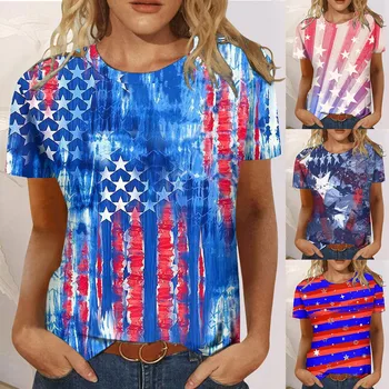Дамски летни потници с патриотични юлски щампи Casual Loose Fit T Дамски тениски с дълъг ръкав Дамски ризи Компресия