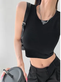 WOMENGAGA Нишов дизайн със секси куха жилетка без ръкави на гърба, носеща тесни твърди кръгли вратовръзки с дъно GVFE