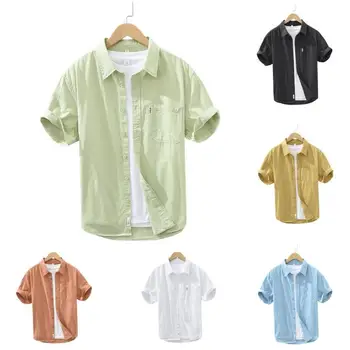 Лято Нови мъжки памучни 100% ризи за Хавай Бийч Луксозни плътен цвят къс ръкав Top Street супер големи модни дрехи