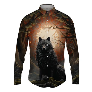 Модни ретро ризи Wolf Animal 3D печат риза мъжки хлабав отдих извънгабаритни риза пролет и есен дълъг ръкав ризи
