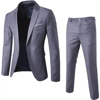 Handsome 1 комплект популярен чист цвят един бутон костюм комплект кожа докосване мъже нетактичност панталони тънък годни мъжки дрехи