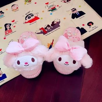 Sanrio плюшени чехли Kuromi зимни обувки Cinnamoroll Y2K Hello Kitty My Melody Indoor Warm Home Cotton Flat Slipper Women Girl