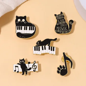 Музика Черни котки емайлирани щифтове Персонализирани големи очи Котешки брошки Значки за ревера Флорални животински карикатура Смешни бижута подарък за приятели