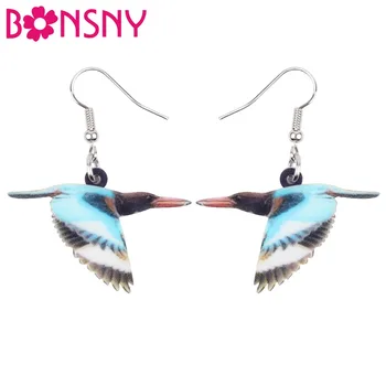 Bonsny Акрилни синьогърди Kingfisher птица обеци голям дълъг виси капка новост животински бижута за жени момичета тийнейджър подарък насипно