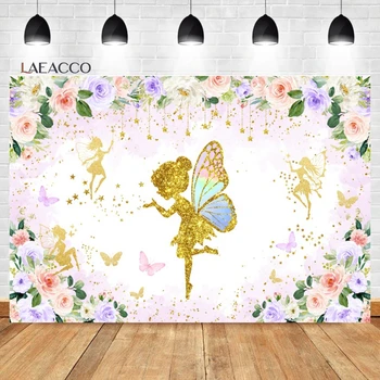 Laeacco карикатура приказка елфи фон розови цветя звезди пеперуда момичета рожден ден портрет персонализирани фотография фон