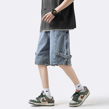 2023 Мъжки дънкови хип-хоп модни шорти Мъжко улично облекло Ретро корейски панталони с дължина до коляното Широки крака Свободни дънкови къси дънки C60