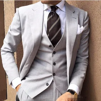 Красив сив младоженец смокинги Notch ревера Groomsman сватба 3 парче костюм мъже бизнес абитуриентски яке Blazer (яке + панталони + вратовръзка)