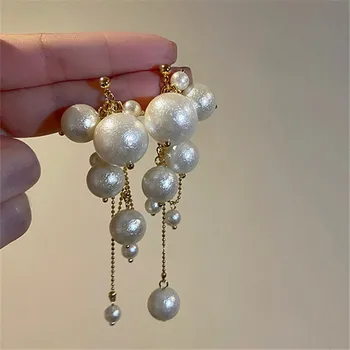 XIALUOKE мода дълги пискюли перла капка обеци за жени луксозни елегантни висулка обеци сватбено тържество г-жа бижута