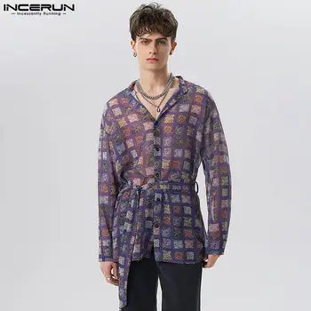 Секси мъже графичен цветен блок шифон печат ризи случайни дълъг ръкав вратовръзка леко прозрачна блуза S-5XL INCERUN върховете 2023
