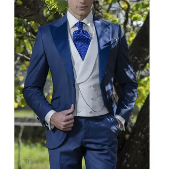 Fashion Blazer Мъжки костюми Яке Панталони Жилетка Navy Blue Peaked Ревера Еднореден Slim Fit Сватбен костюм Homme Pour Mariage