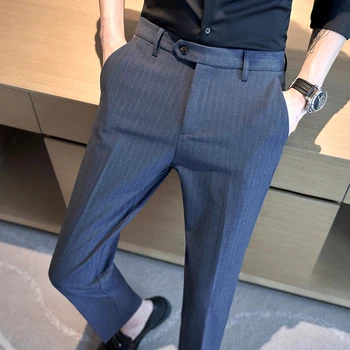 2023 Пролет висока талия бизнес случайни панталони мъже ивици официална рокля панталони високо качество мъжки официален офис социален костюм панталони