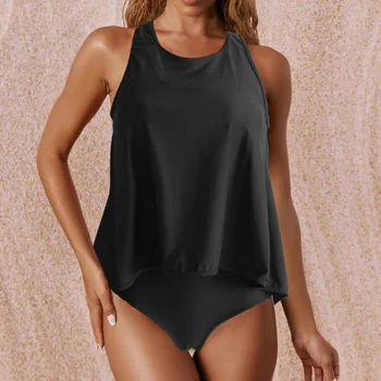 Дамски бански 2023 Trend Black Three Piece Bikini High Waist Tankini Swimsuits Set Tummy Control Swimwear Beach Bathing Suit