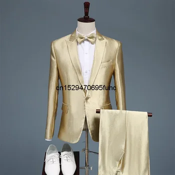 Мъже Златни костюми домакин изпълнение сватбени костюми мъжки лъскав мек костюм нетактичност плюс размер костюм панталони комплект 2 парче комплект елегантни момчета
