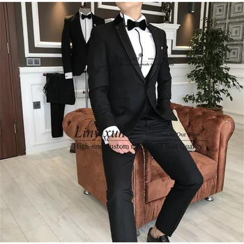 Класически черни мъжки костюми Slim Fit Peaked ревера сватба младоженец смокинги 3 парчета яке жилетка панталони комплект бизнес мъжки работен нетактичност
