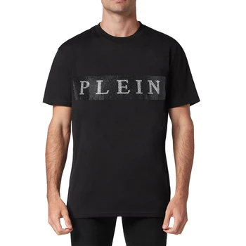 PLEIN BEAR Мъжка тениска от трико Класическа тениска с кристали 100% памучни тениски Мъжки блузи Удобни тениски 938