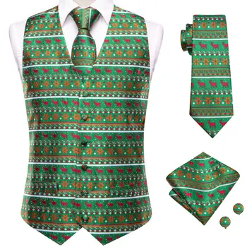 Зелена Коледа мъжки жилетки коприна вратовръзка ханки копчета за ръкавели комплекти жакард жилетка яке вратовръзка за мъжки бизнес парти подарък Hi-Tie