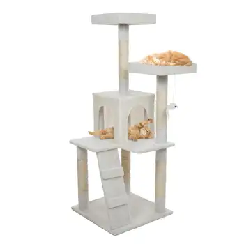 4-степенна котешка кула с подремващи кацалки, котешки апартамент, стълба, 5 стълба за надраскване на въже от сизал, висяща играчка – котешко дърво за вътрешна котка