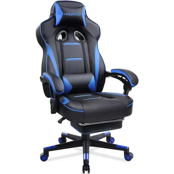 Стол за компютърни игри с облегалка за крака, PU кожена въртяща се лумбална опора състезателен стил E-Sports игра столове (синьо)