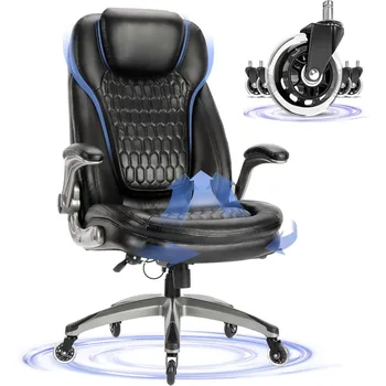 Office бюро стол с дебела седалка, високо облегалка изпълнителен стол с тапицирани флип подлакътници, стилен кожен стол