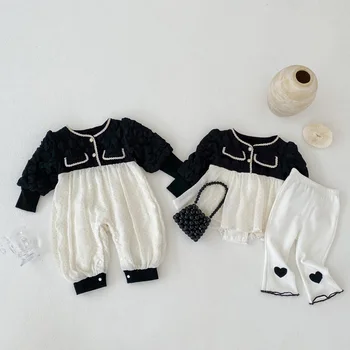 Jenny&Dave 2023 Пролетен нов бебешки гащеризон Черно и бяло Комплект от едно парче Принцеса Малко ароматно момиче Бебешки дрехи Момиче