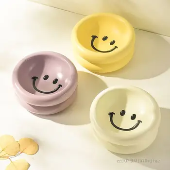 Creative Smiling Face Doughnut Flat Mouth Ceramic Cat Food Drinking Water, Large Bore Bowl, Dog Food Plate, Pet Supplies, 1Pc