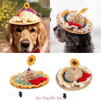 Pet плетена сламена шапка мода сладко цвете плетено куче котка шапка лято регулируема шапка за слънце за куче котка заек куче костюми куче капачка