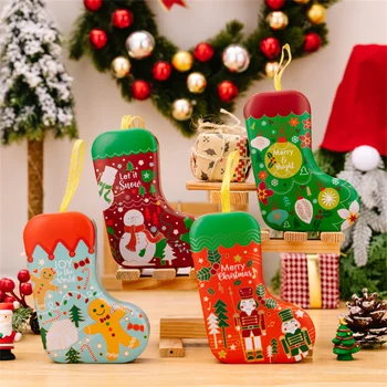 Коледни чорапи форма бонбони подарък кутия бисквитка закуска буркан калай кутия желязо съхранение може коледно дърво орнамент висулки весела Коледа декор