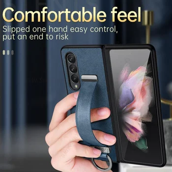 Луксозен кожен калъф за кит за Samsung Galaxy Z Fold 5 4 3 Z Fold4 Метален държач за пръстени Телефон Grip Kickstand Back Cover