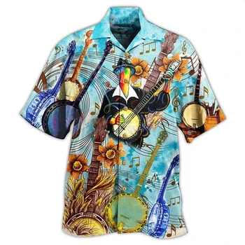 Хавайска кубинска яка музикална риза за мъже 3d музикална мъжка китарна риза Случайни къс ръкав извънгабаритни върхове тениска мъже Camisa