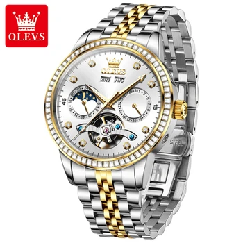 OLEVS 7016 Механичен моден часовник от неръждаема стомана Watchband кръгъл циферблат месец дисплей календар