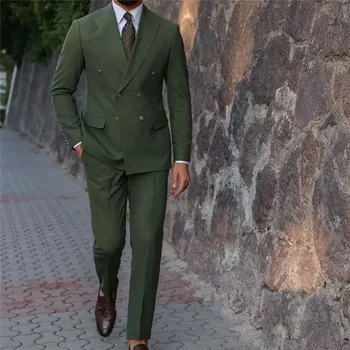 2023 Мъжки костюм Блейзъри Бизнес костюм за мъже Армия зелен двуреден тънък годни комплекти Парти костюм Homme Mariage младоженец износване