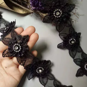 1 ярд полиестер черен 3D цветя бродирани африкански дантела подстригване панделка плат ръчно изработени шевни занаяти за костюм декорация Ново