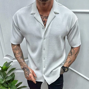 Лято Твърди къс ръкав мъже жилетка риза раирани мода прости случайни бизнес 2xl извънгабаритни дрехи топ офис сив бял