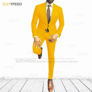 Fashoin оранжев мъжки костюм Slim Fit бизнес сватбен блейзър панталони 2 броя ежедневни връх ревера костюм яке 2023 Официален смокинг за мъже
