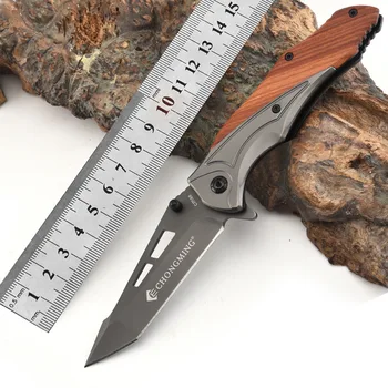 Качествен сгъваем ловен нож Дамаск острие Сандалова дървена дръжка Тактически ножове Къмпинг оцеляване Външен джобен нож EDC инструменти