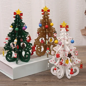 1 Комплект зелени червени дървени орнаменти за коледно дърво декорации с триизмерни шест парчета ремъци за дървета с висулки Детски подарък
