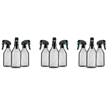 Пластмасови спрей бутилки за почистващи разтвори, 10OZ празен контейнер за многократна употреба с трайна черна пръскачка, 9Pack