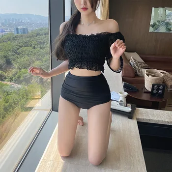 2023 Корея секси дантела черен бикини комплект жени натиснете нагоре подплатени бански костюми къс ръкав бански лято плаж износване висока талия бански костюм