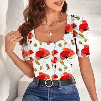 Нов стил летен площад врата тениска тънък дамски къс ръкав тениска жена облекло 3d цветни цветя тройници бутер ръкави отгоре