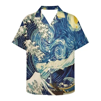 Мъжки Ван Гог Голямата вълна Off Kanagawa 3D печат Casual бутон надолу хавайски ризи мъже жени блузи върховете Tees Ropa Hombre
