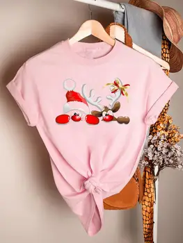 карикатура сладък сладък 90s коледни дрехи женски печатни мода Tee T риза облекло жени Топ Нова година графични тениски
