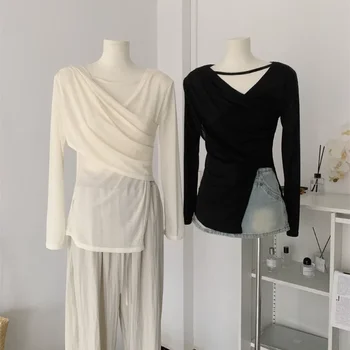 френски ретро бяло v-образно деколте дълъг ръкав облекло слънцезащитен пуловер жените есента кръст дизайн старши чувство тънки асиметрични върхове