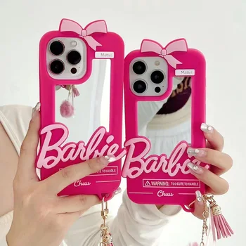 Розови калъфи за телефони Барби за IPhone 15 Promax Plus 14 13 12 11 8 7 6 X XS XR Огледален силиконов калъф с плюшена висулка