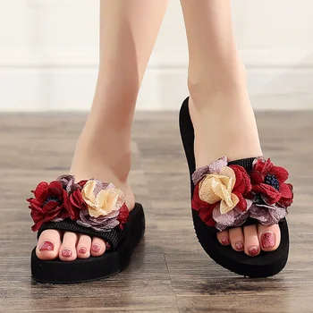 Ново в жените дами бохемски лък цветя декорация сандали отворени пръсти плажни чехли ежедневни обувки летни чехли Zapatos Mujer