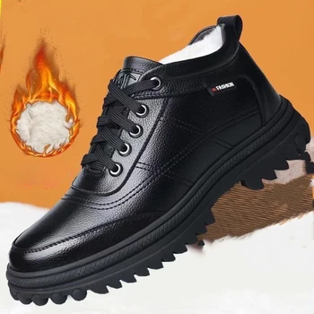 Winter New Lace Up Leather Men's Keep Warm Comfortable Casual Ankle Boots Working Footwear Waterproof Snow Rubber T112